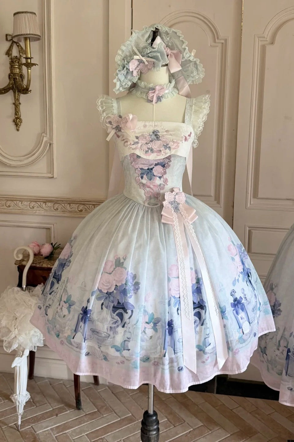 Morning Dew Rose Blue Green Hanfu Lolita JSK Dress Set