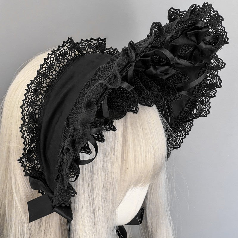 Lolita Gothic Black Handmade Lace Bonnet (5 Colors) LE6004