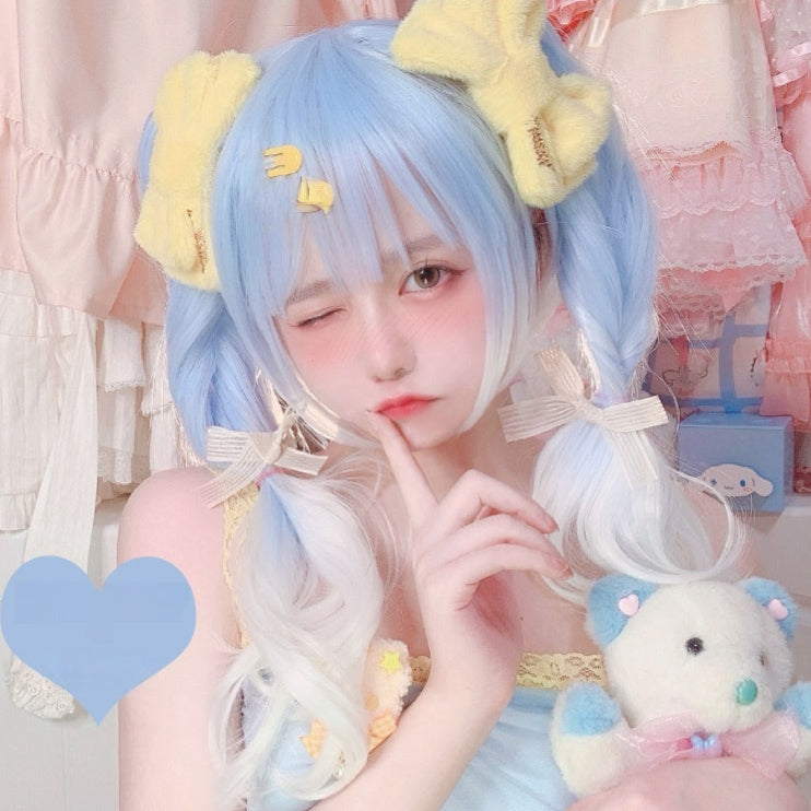 Short Aqua to White Y2K Wig with Detachable Twin Tails