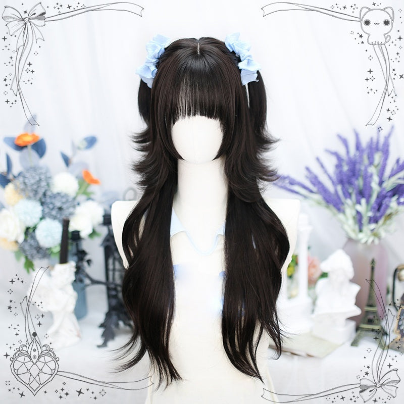 Long Black Curly Y2K Wig with Blue Highlights