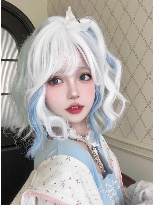 Short White Curly Jirai kei Wig with Blue Highlights LE7014