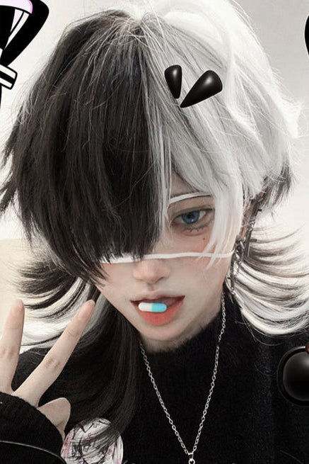 Half Black Half White Split-Dye Wolf Cut Wig