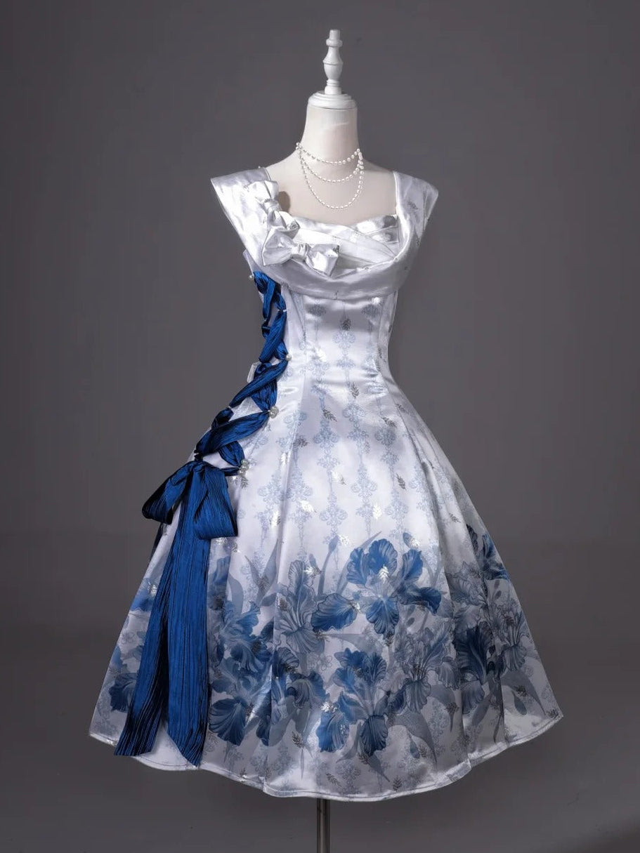 Iris Holiday Ivory Blue Jacquard Satin Classic Lolita Dress