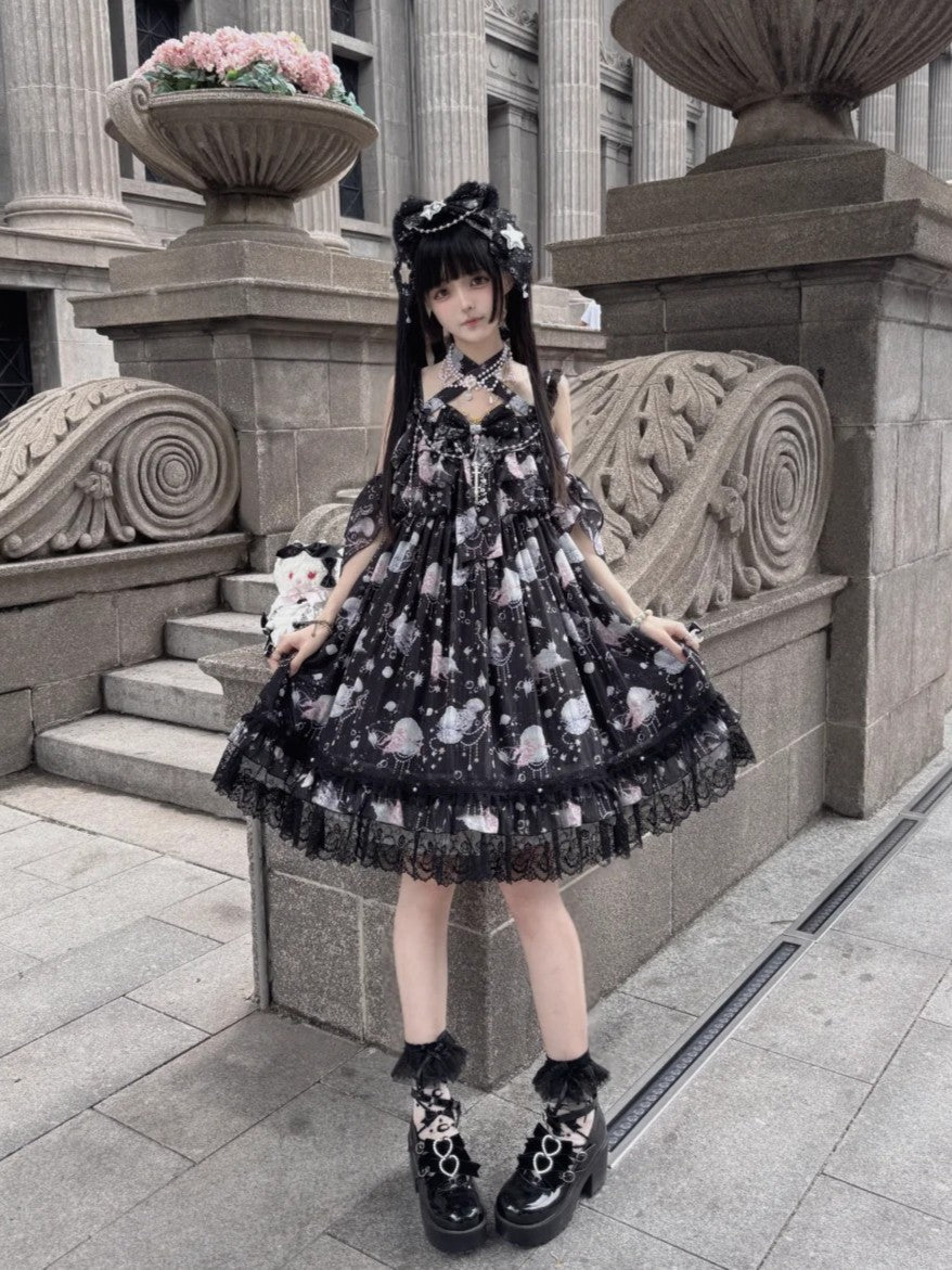 Dreaming of the Sea Mini High-Waist Black Ocean Jellyfish Lolita JSK