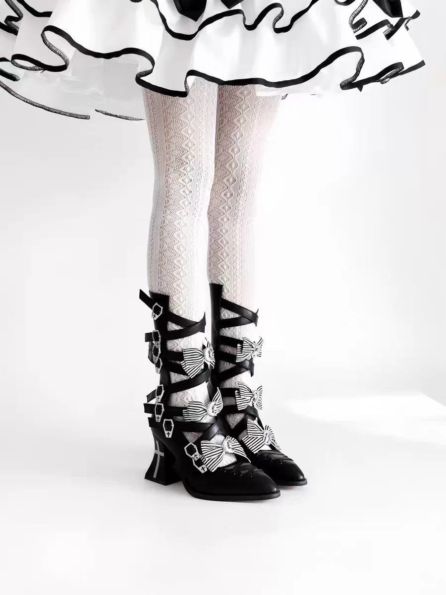 Moon Crow Cross Heels Gothic Lace-Up Pointed Half Cutout Boots