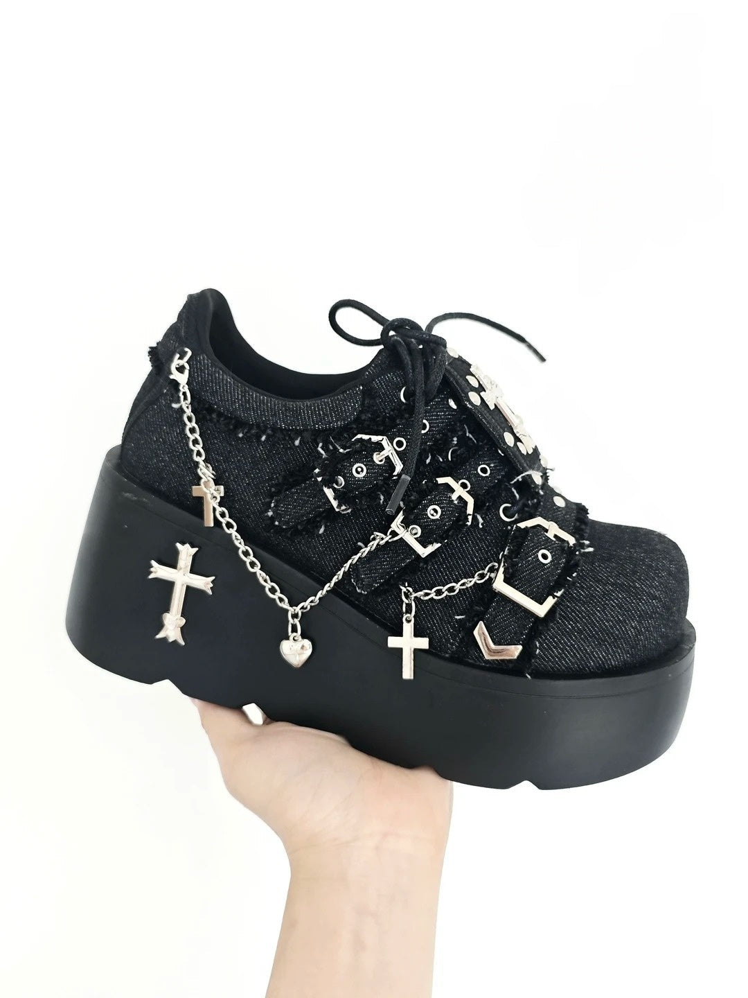 Dark Night Corridor Punk Denim Low Platform Shoes