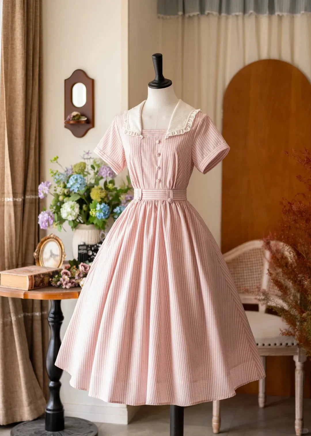 French Vintage Linen Cotton Short Sleeve Swing Dress
