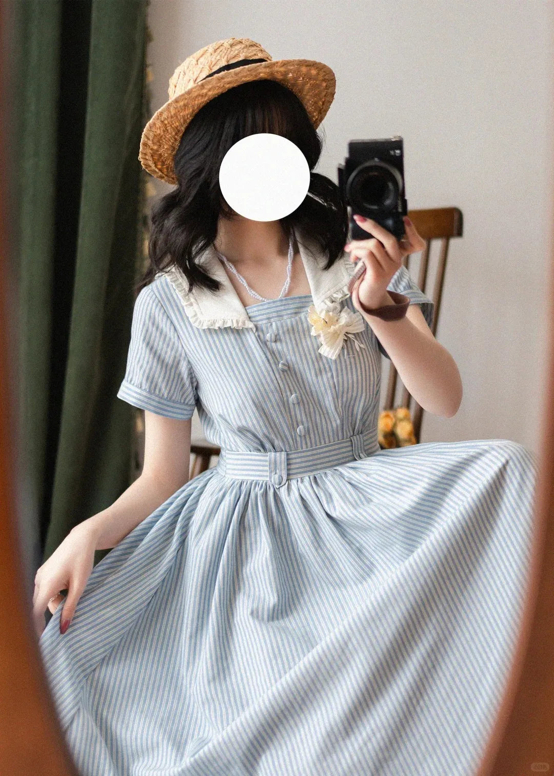 French Vintage Linen Cotton Short Sleeve Swing Dress