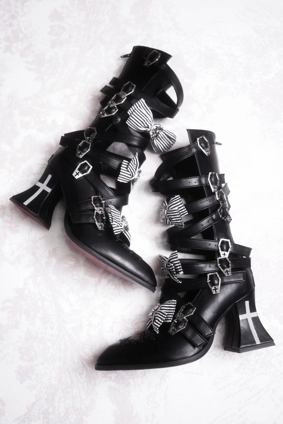 Moon Crow Cross Heels Gothic Lace-Up Pointed Half Cutout Boots