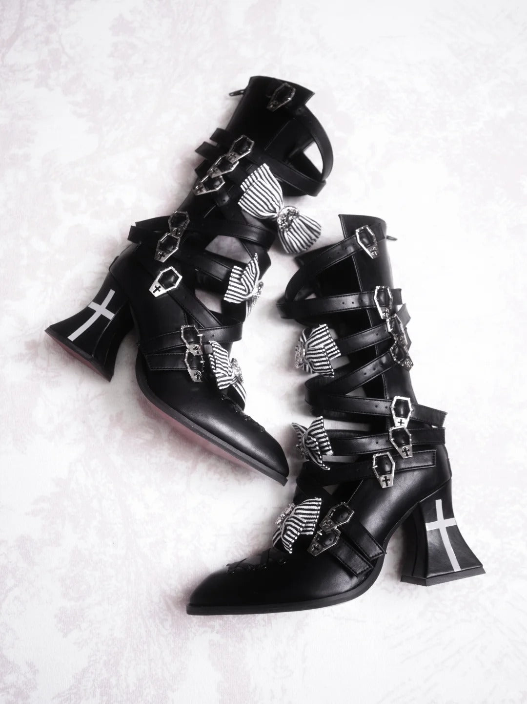 Moon Crow Cross Heels Gothic Lace-Up Pointed Half Cutout Boots