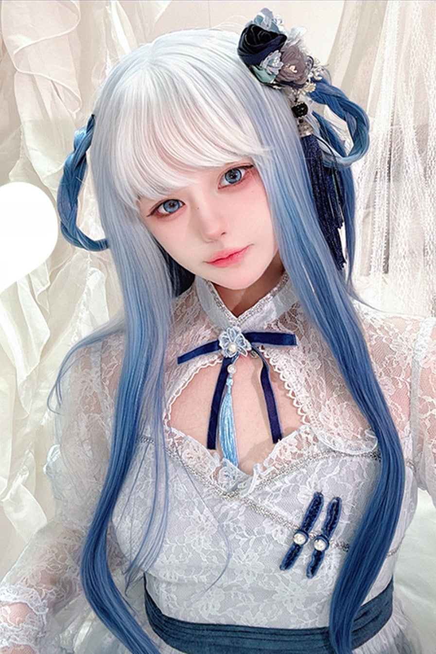 Long Wavy Silver to Blue Ryousangata Wig