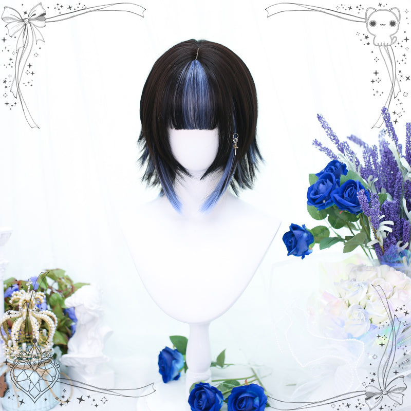 Short Dark Brown Y2K Wig with Blue Highlights