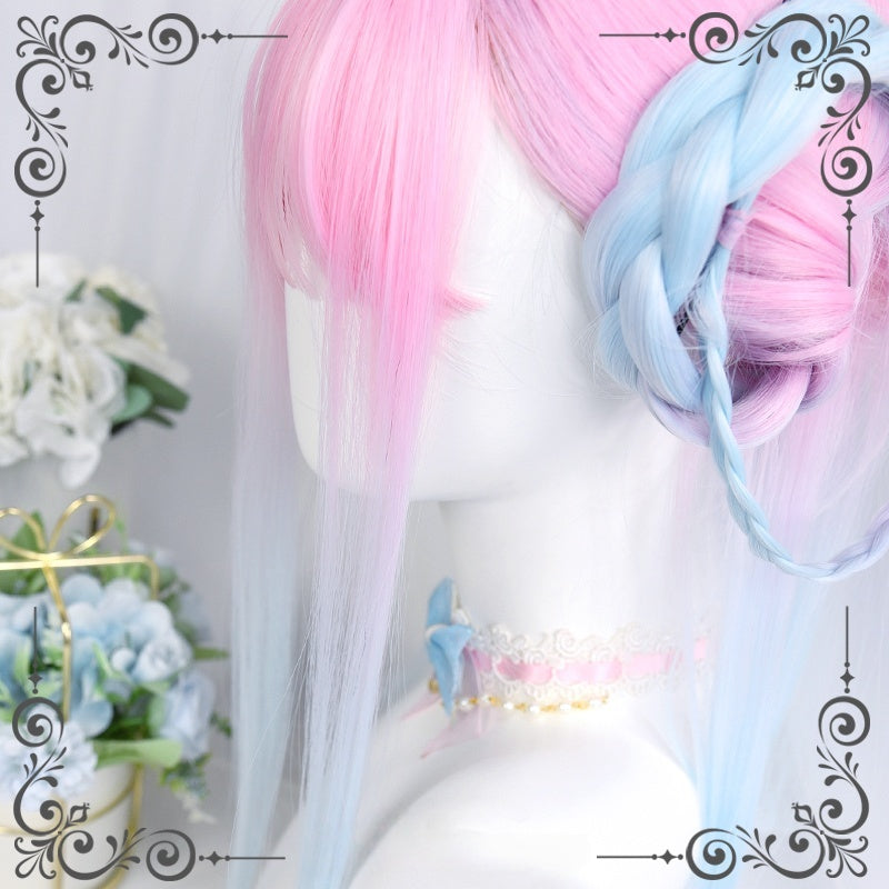 Long Straight Pink to Blue Mixed Color kawaii Wig
