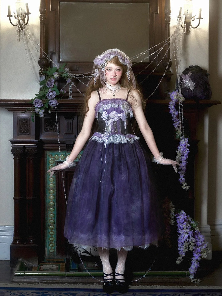 Night Vine Rain Lolita Original Wisteria Embroidered Corset & Half Skirt Set