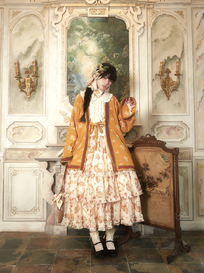 Blossoming Hibiscus Lolita Original Raccoon Sleeve Collar Blouse & Tiered Half Skirt Set