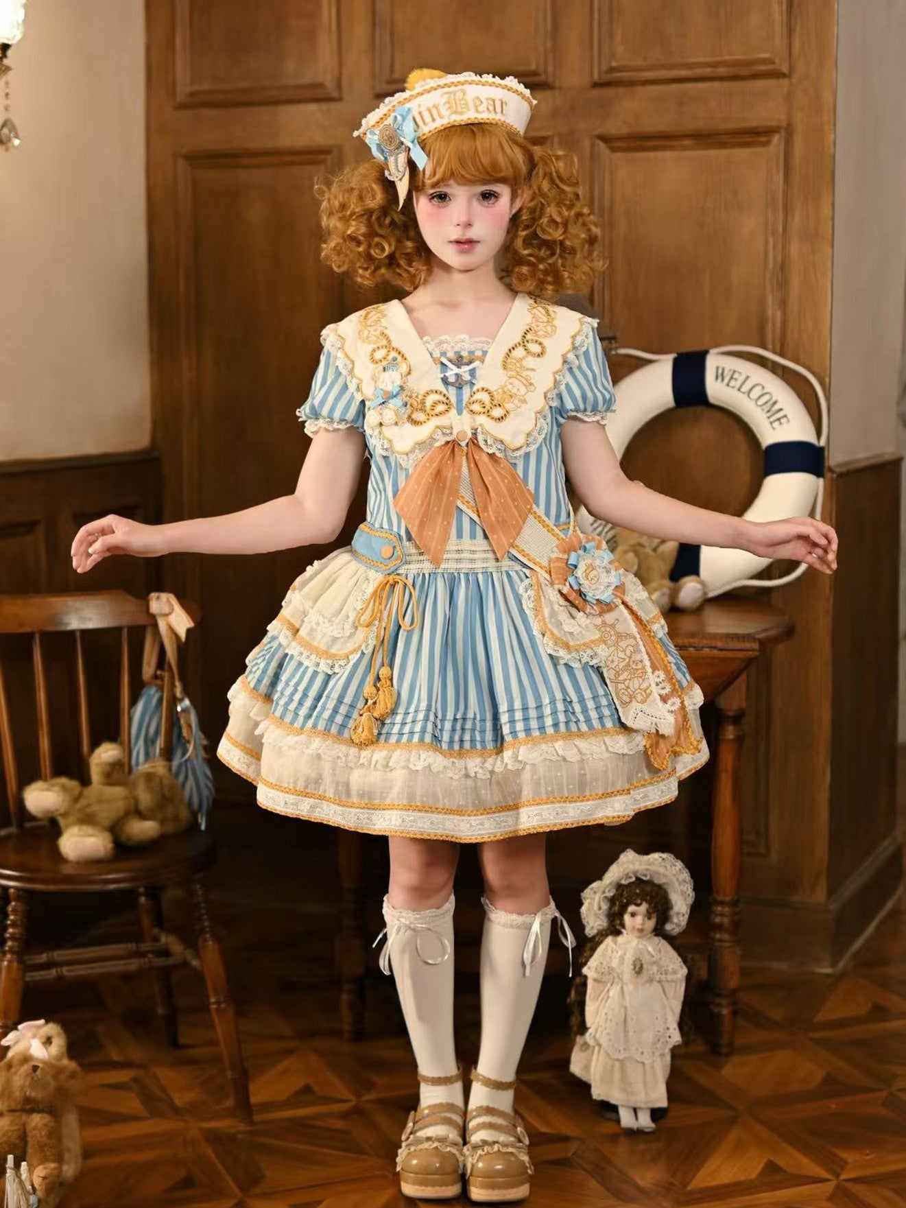 Antique Sailor Bear Blue Stripe Low Waist Lolita OP Dress