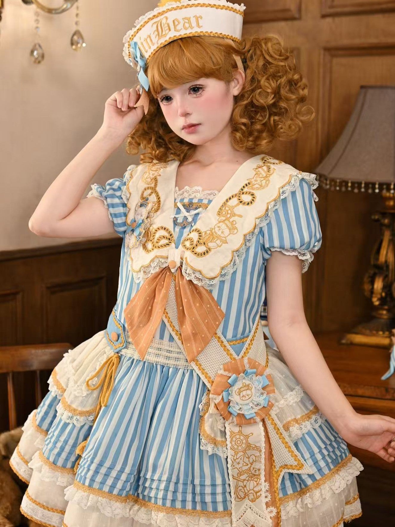 Antique Sailor Bear Blue Stripe Low Waist Lolita OP Dress