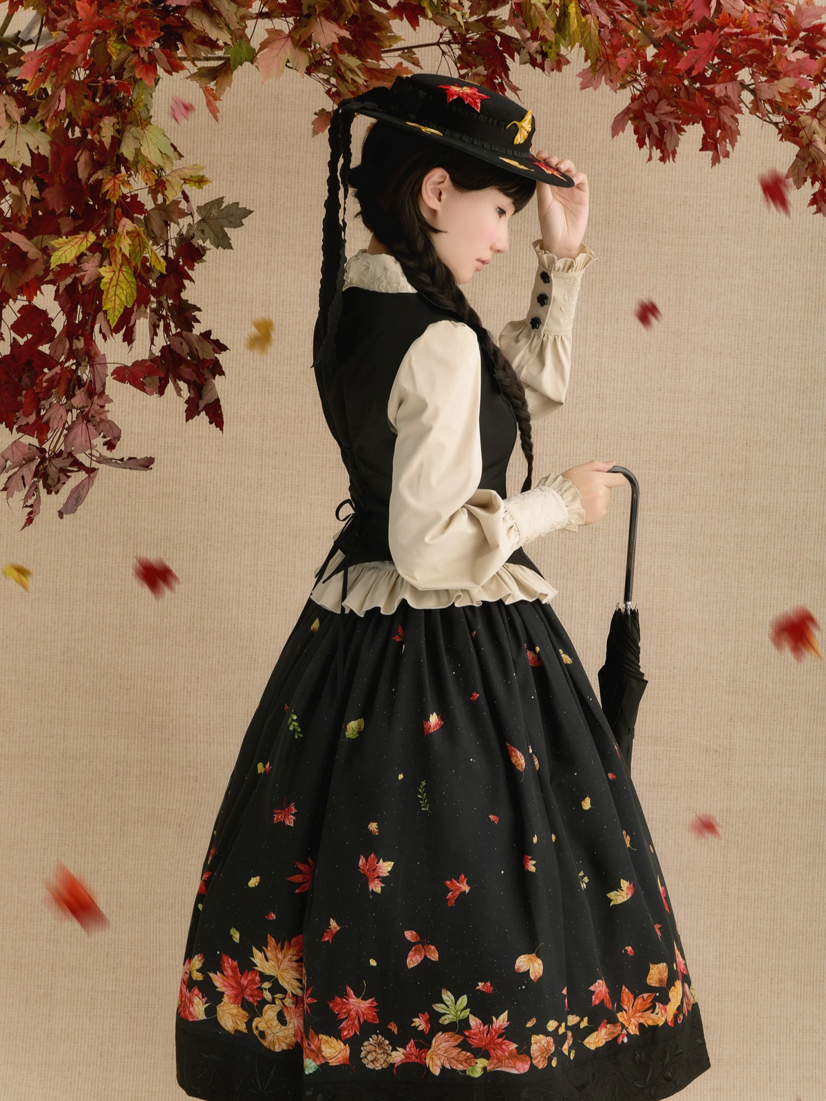 Fallen Leaves on Asphalt Lolita Classic Style Print Waistcoat 3-Piece Set