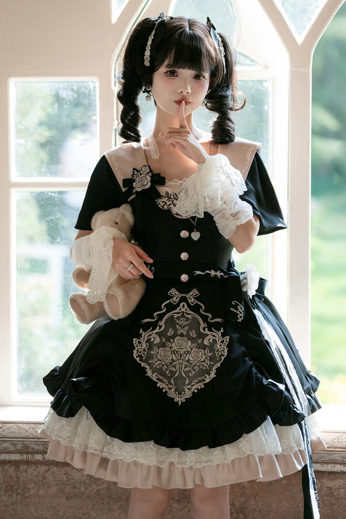 Glaze Floral Realm Lolita Printed Black OP Dress Set