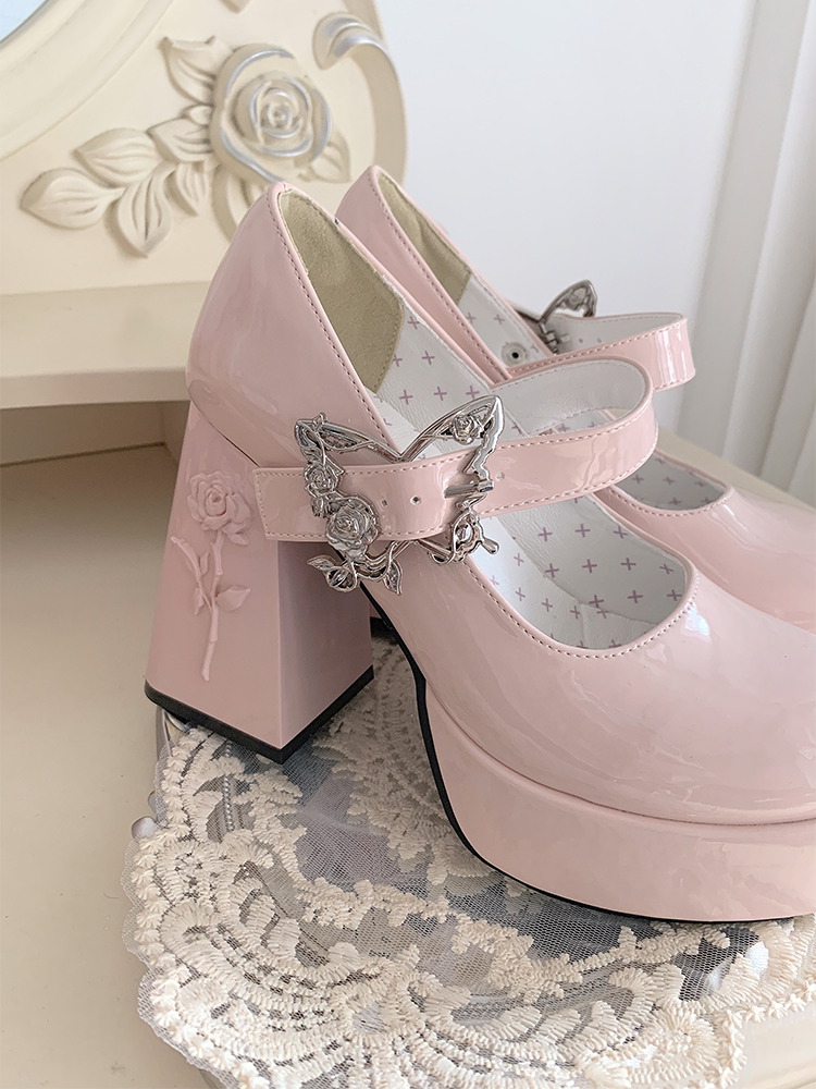 Aeterna Vernalis Elegant Butterfly‑Rose Ornament Lolita Block‑Heel Pumps