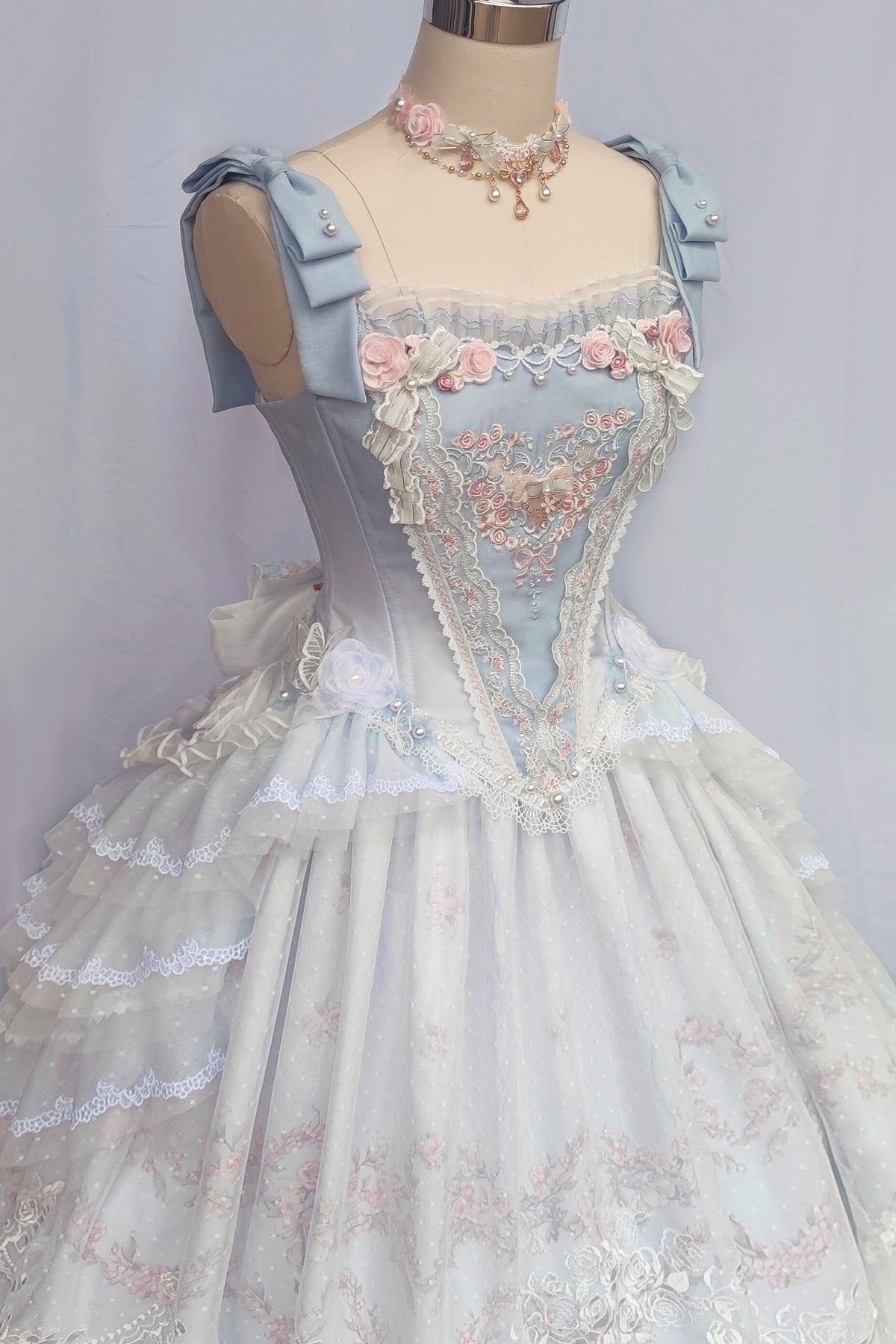 Dream Dance Lolita Bridal Embroidered Blue Boned Corset Dress