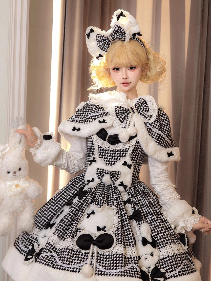 Bunny Ball 2.0 Lolita Winter Doll Style JSK Cape Set Black Plaid Version