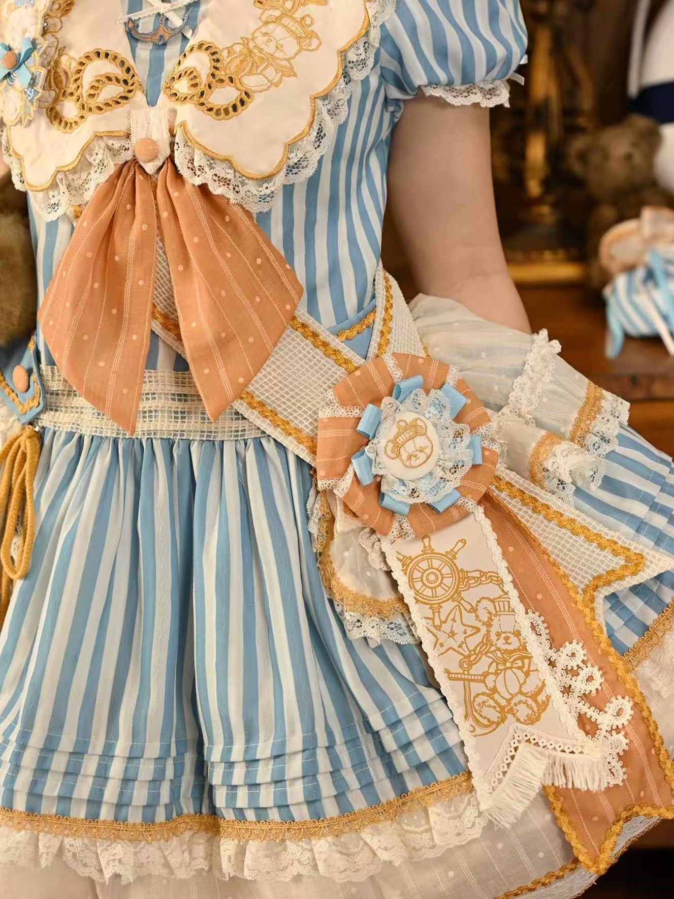 Antique Sailor Bear Blue Stripe Low Waist Lolita OP Dress