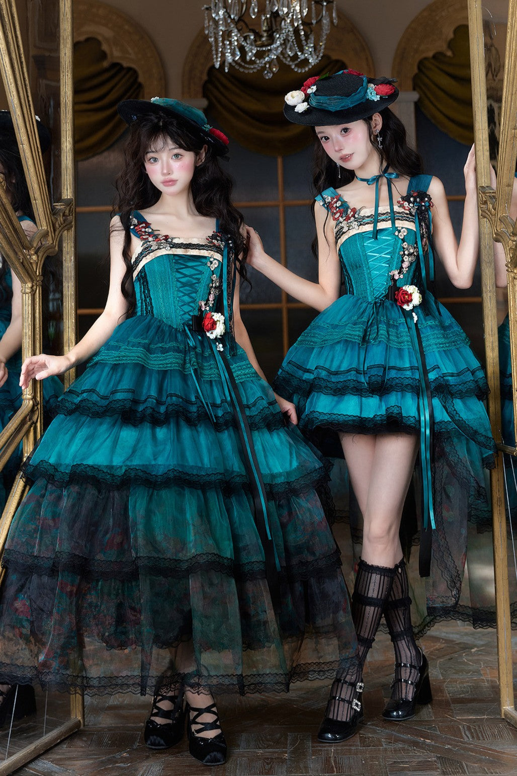 Misty New Dawn Peacock Blue Classic Lolita Long JSK Tea Party Set