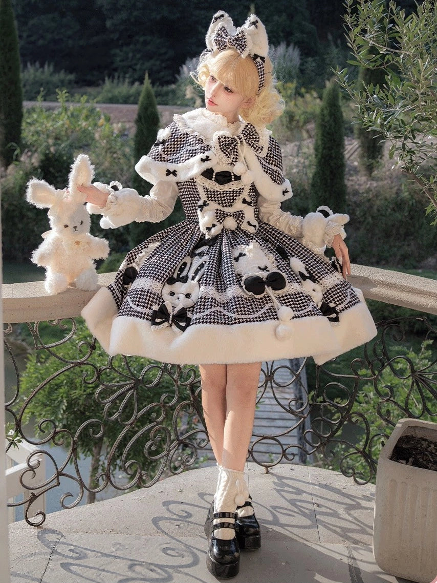 Bunny Ball 2.0 Lolita Winter Doll Style JSK Cape Set Black Plaid Version