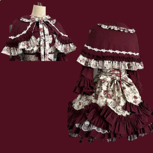 Burgundy Rose Classic Lolita JSK Vintage Japanese Rose Print
