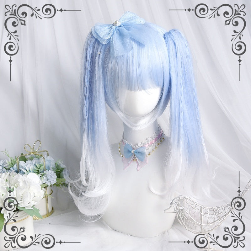 Short Aqua to White Y2K Wig with Detachable Twin Tails