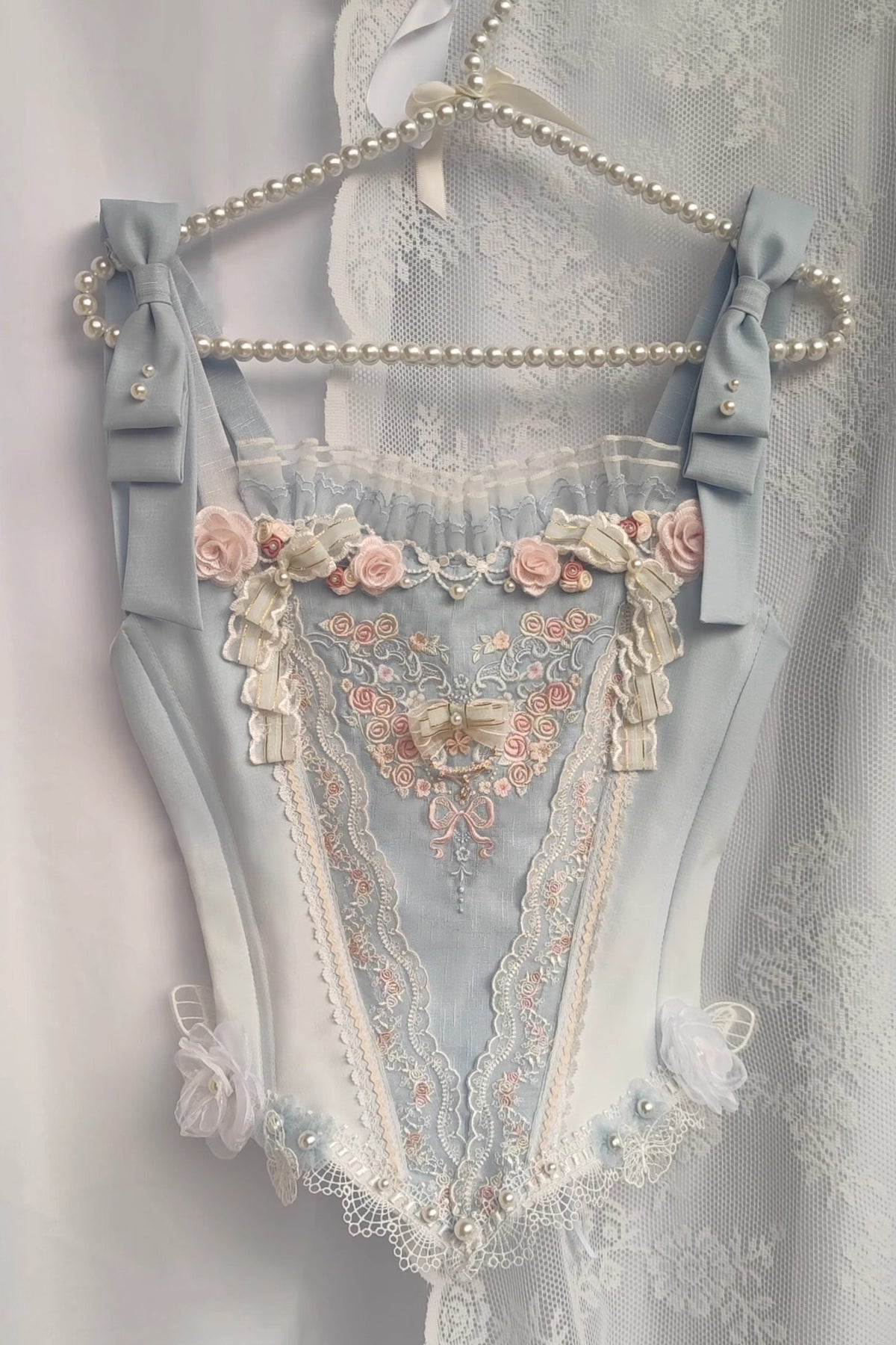 Dream Dance Lolita Bridal Embroidered Blue Boned Corset Dress