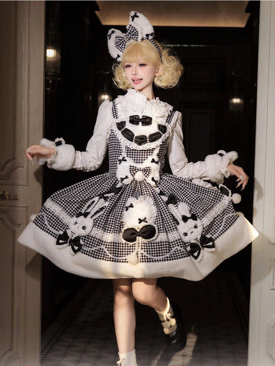 Bunny Ball 2.0 Lolita Winter Doll Style JSK Cape Set Black Plaid Version