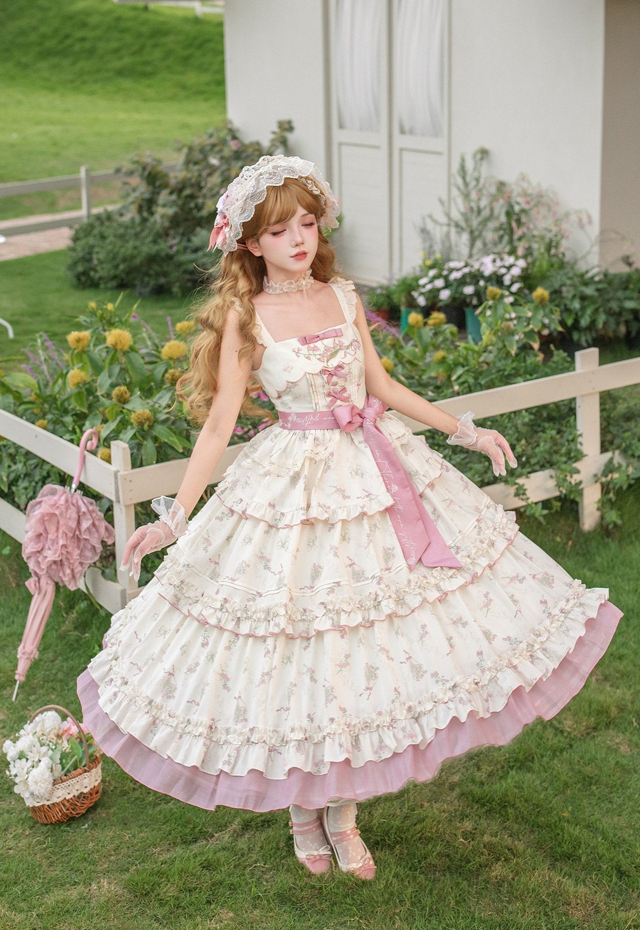 Fragrant Old Dream Pink Bellflower Embroidery Lolita OP & JSK Dress