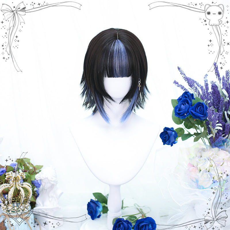 Short Dark Brown Y2K Wig with Blue Highlights