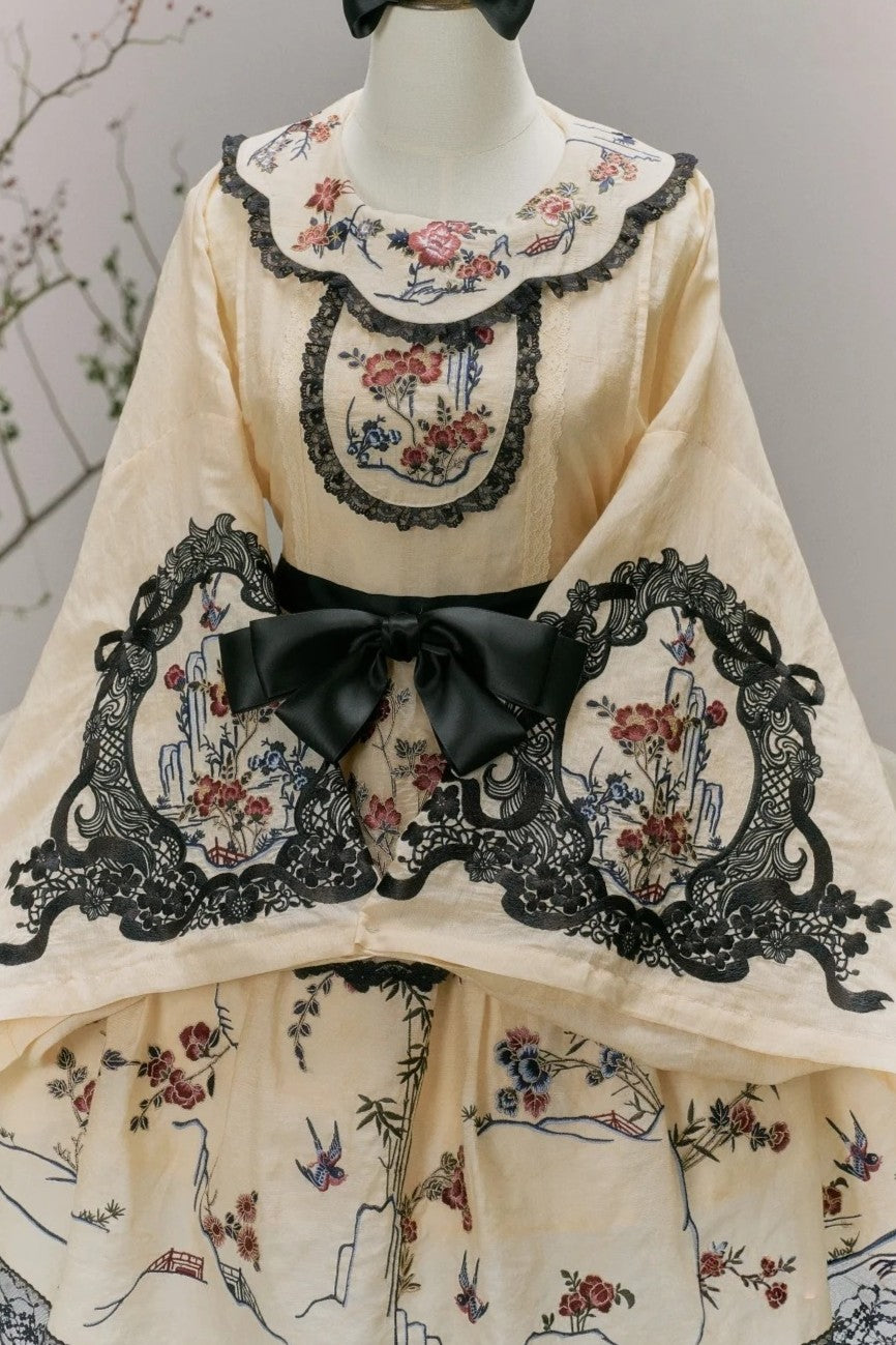 Floral Bird Amber Beige Hanfu Lolita JSK Dress Set