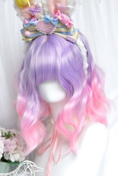 Short Curly Purple to Pink Mixed Ryousangata Wig