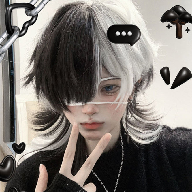 Half Black Half White Split-Dye Wolf Cut Wig LE7030