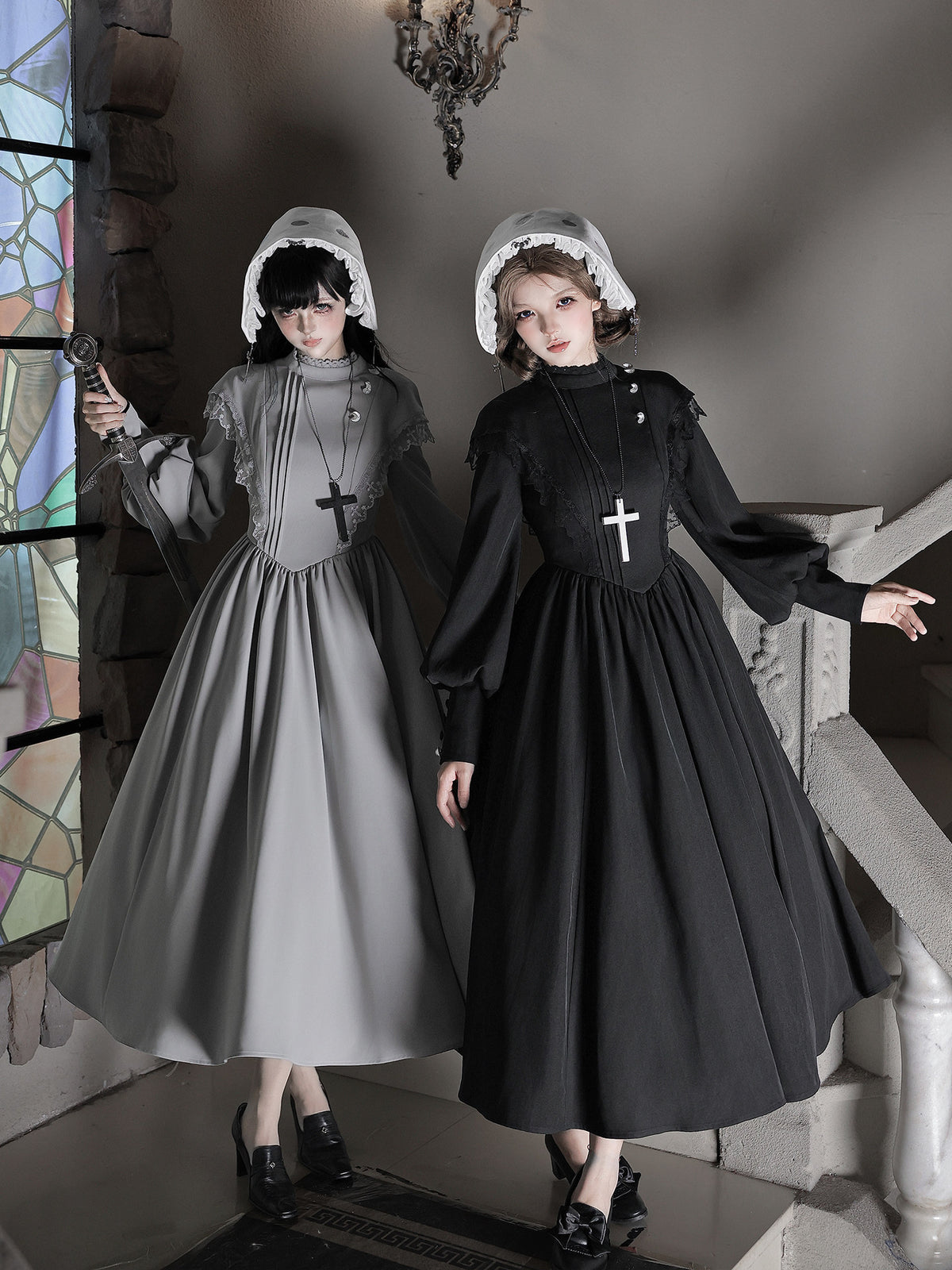 Moon Phase Lolita Gothic Lace High Collar Apron OP Dress