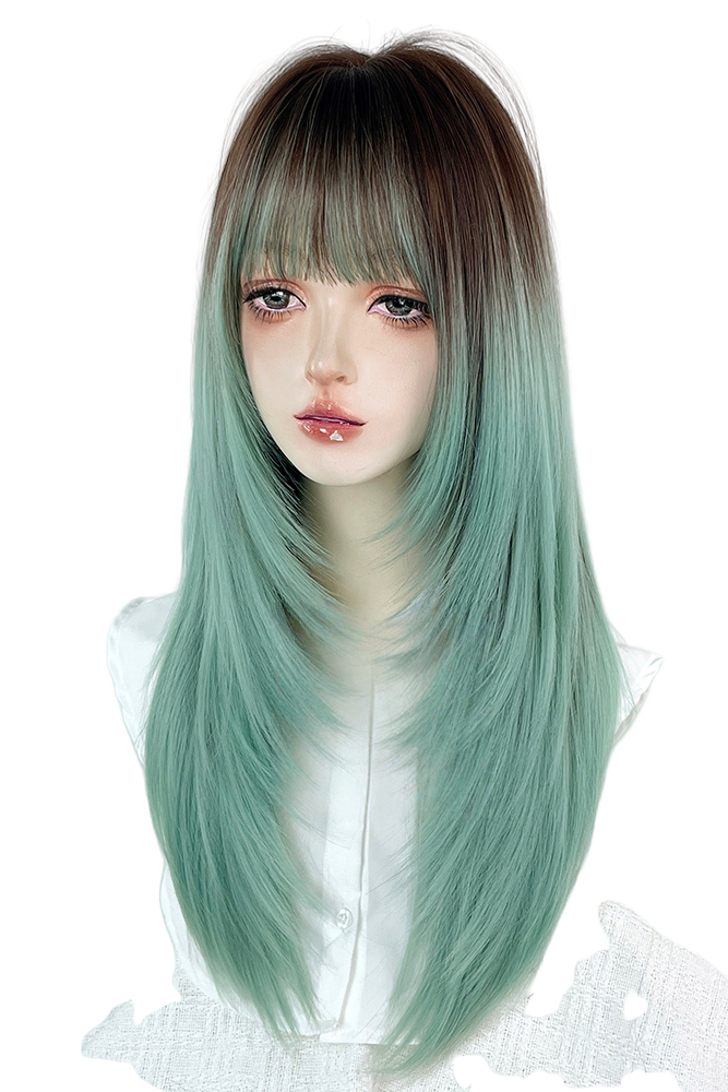 Long Straight Green to Brown Mixed Color Wig