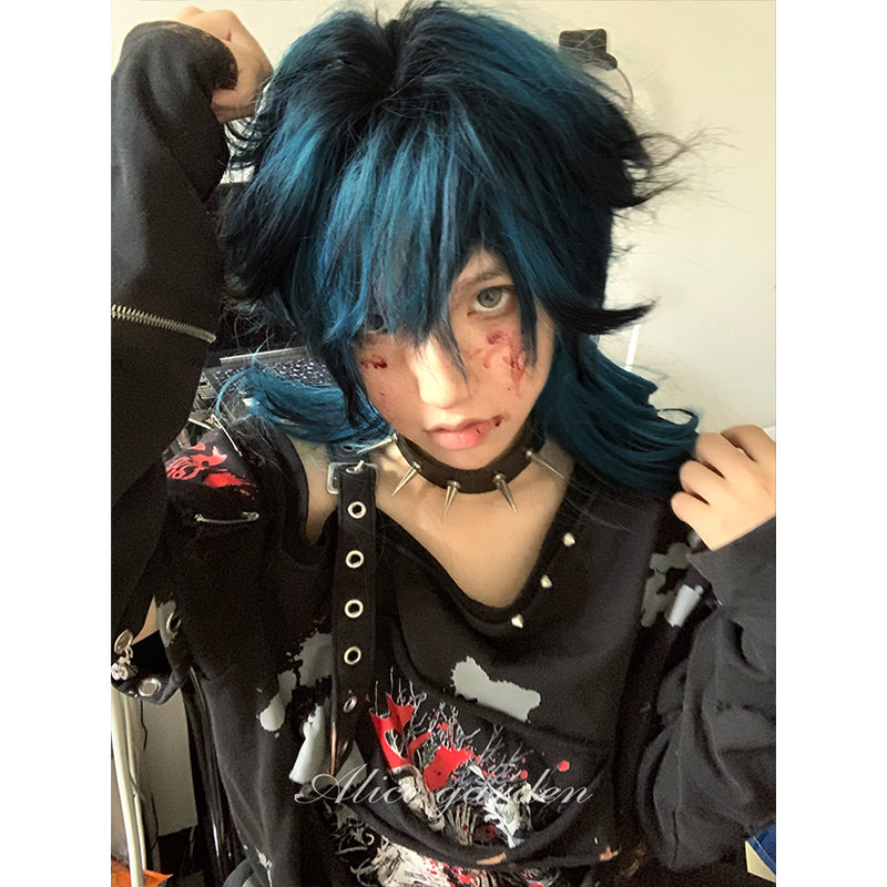 Blue Highlights Long Curly Y2K Wig