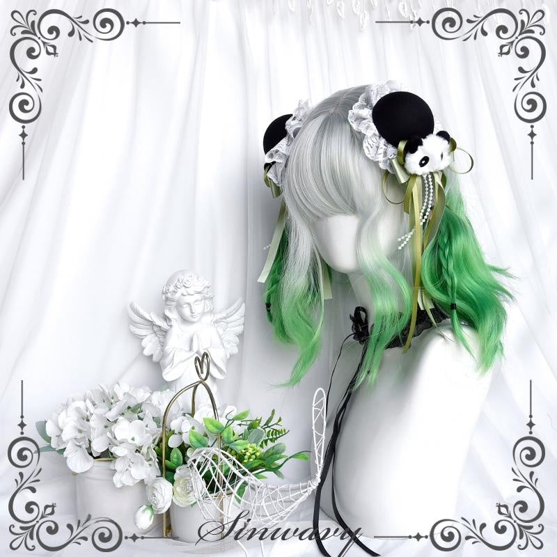Short Curly Silver to Green Y2K Wig LE7012