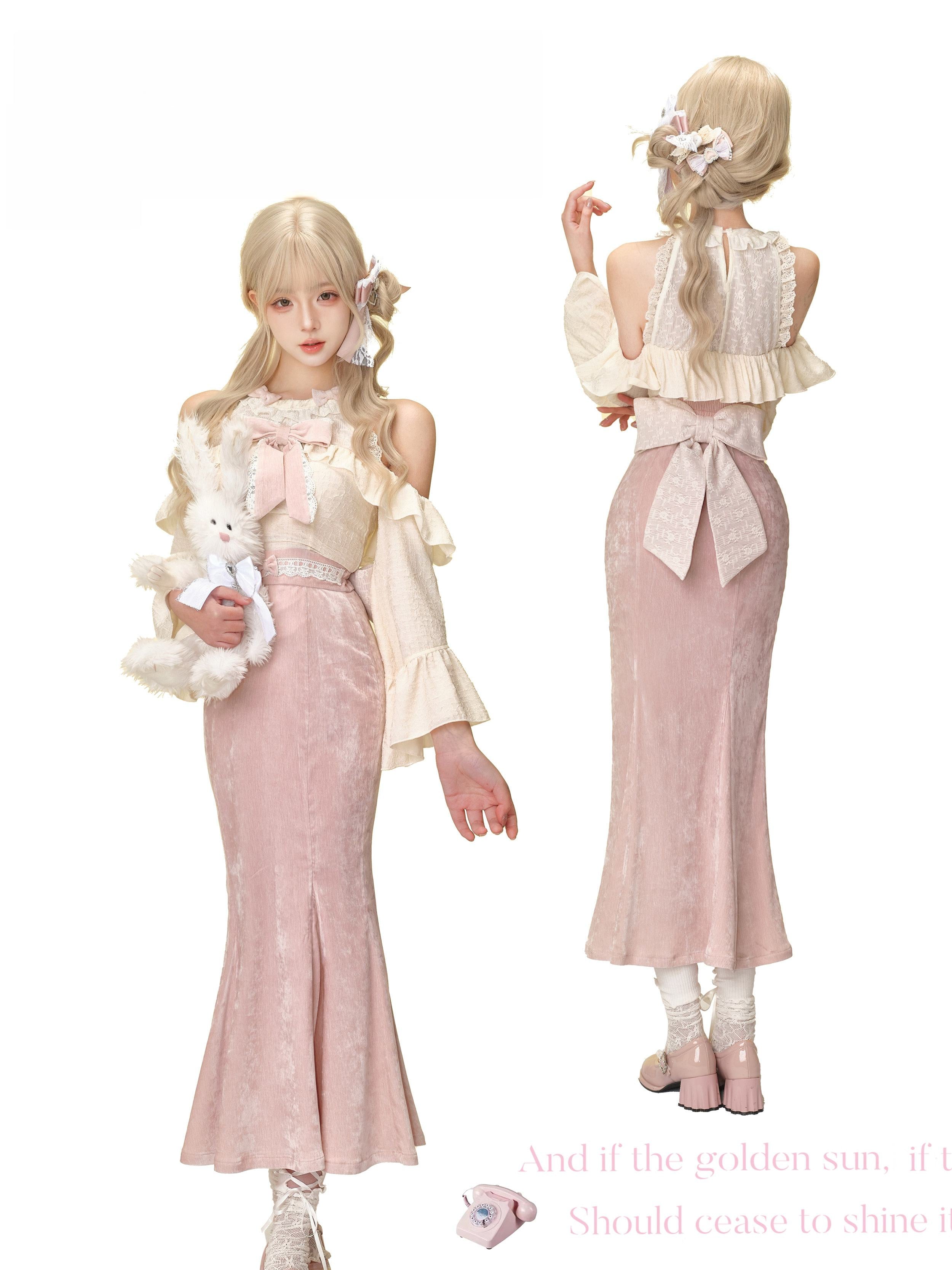 Velvet Sweet Tea Apricot Top & Long Skirt Set