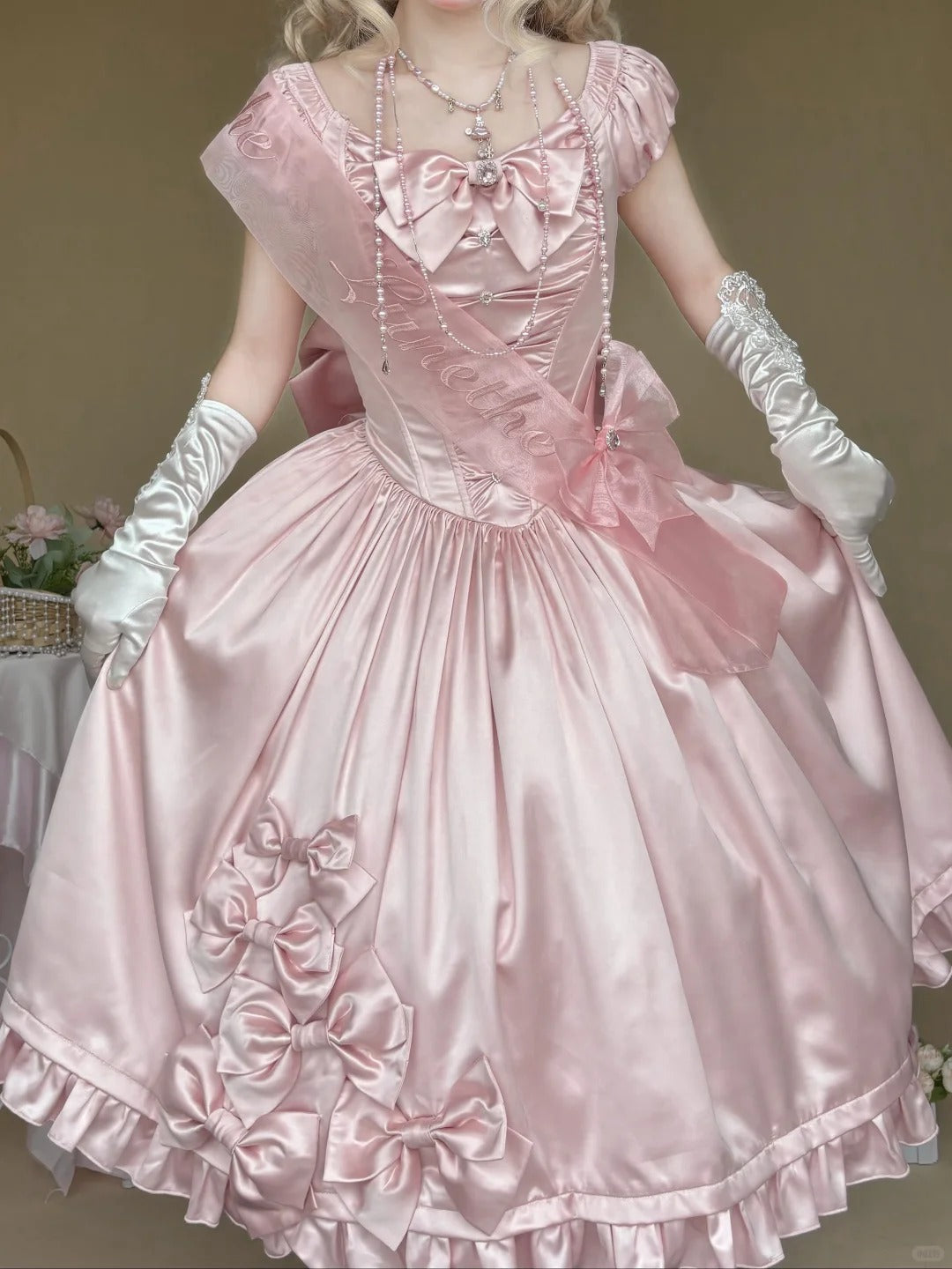 Silver Satin Box Bow Sash Puff Sleeve Classic Lolita OP Dress