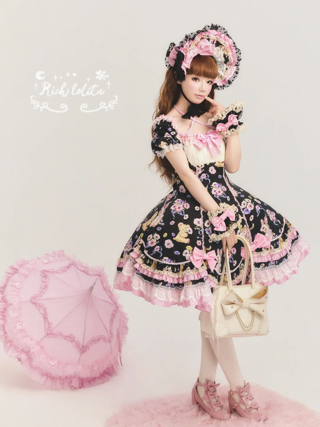 Be My Sweetheart Bear Bunny Floral Print Fitted Sweet Lolita OP Dress