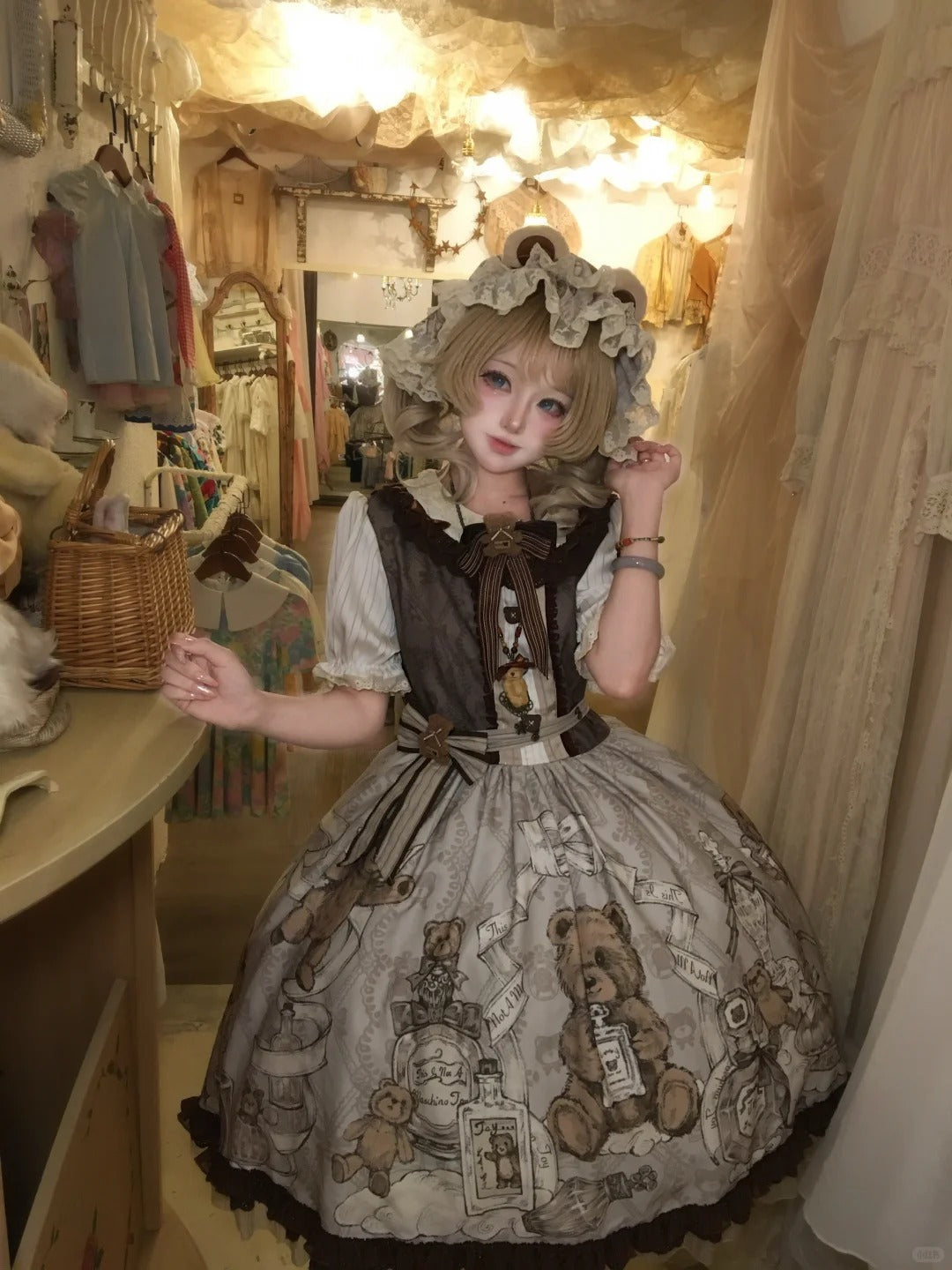 Fula Bear's Perfume Shop Lolita Vintage Bear Print OP Dress