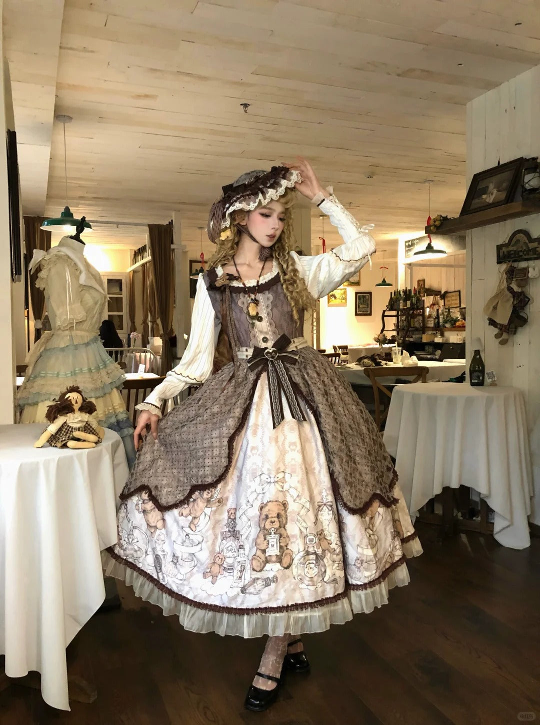 Fula Bear's Perfume Shop Lolita Vintage Bear Print OP Dress