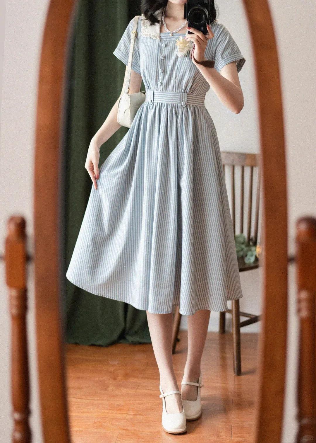 French Vintage Linen Cotton Short Sleeve Swing Dress