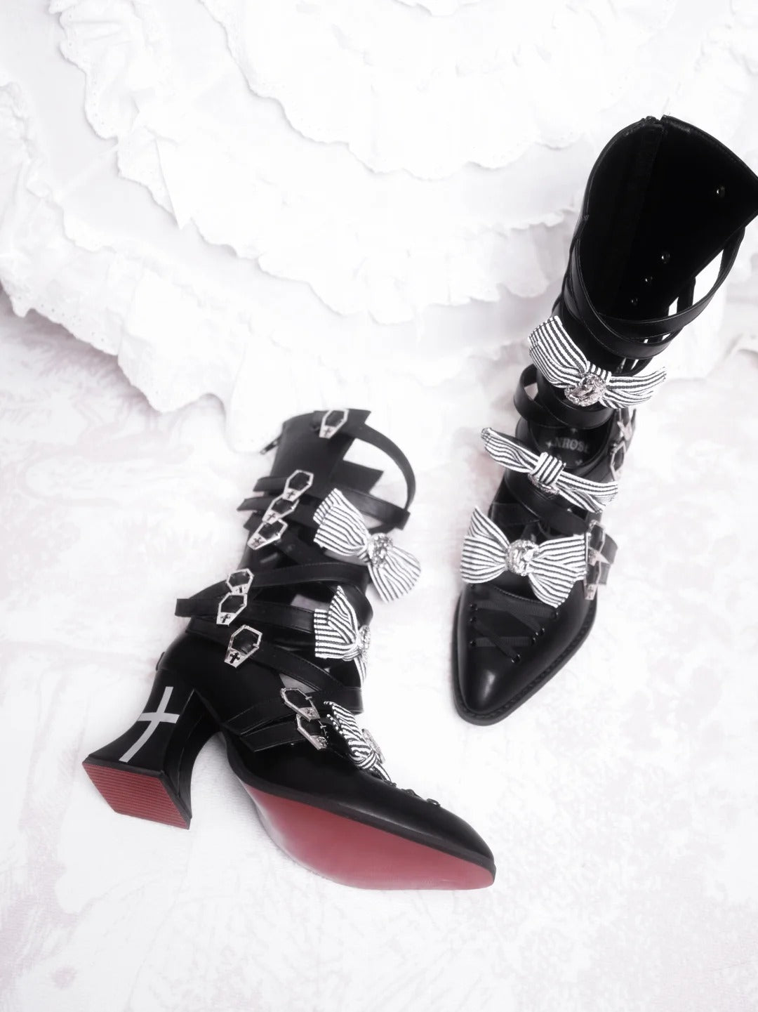 Moon Crow Cross Heels Gothic Lace-Up Pointed Half Cutout Boots