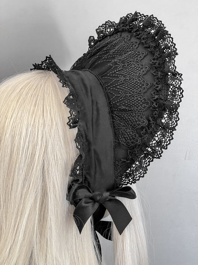 Lolita Gothic Black Handmade Lace Bonnet (5 Colors) LE6004